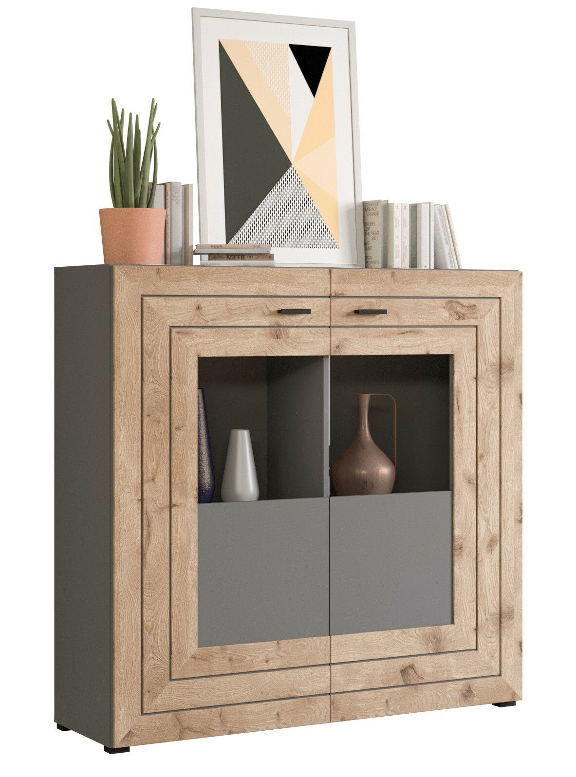 Modernes Highboard aus Holz mit grauen Türen, dekoriert mit Pflanzen, Büchern und einem gerahmten Bild, seitliche Perspektive.