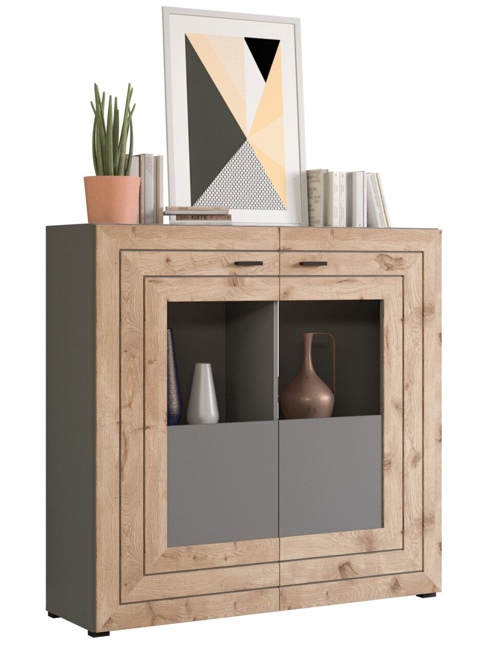MID.YOU Highboard FRENO Modernes Highboard aus Holz mit grauen Türen, dekoriert mit Pflanzen, Büchern und einem gerahmten Bild, seitliche Perspektive.