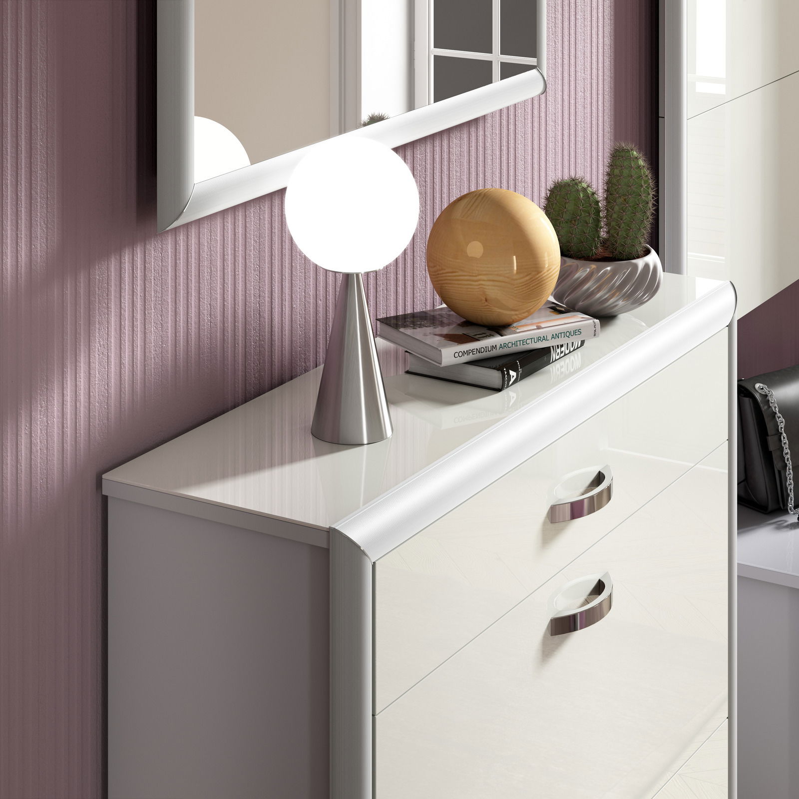 Schuhschrank in moderner Hochglanzoptik mit dekorativer Tischlampe und Pflanzen, seitliche Perspektive