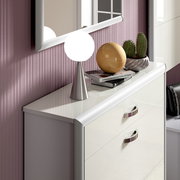 Schuhschrank in moderner Hochglanzoptik mit dekorativer Tischlampe und Pflanzen, seitliche Perspektive