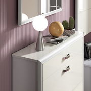 Schuhschrank in moderner Hochglanzoptik mit dekorativer Tischlampe und Pflanzen, seitliche Perspektive