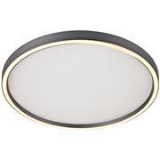 Runde LED-Deckenleuchte mit schwarzem Rahmen und warmweißer Lichtleiste, seitliche Perspektive