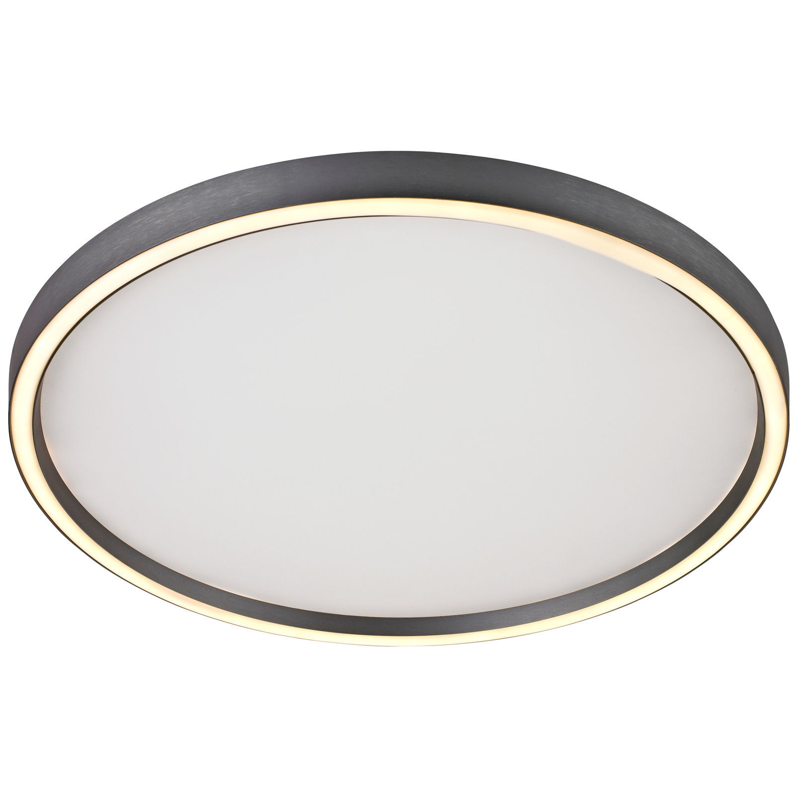 Runde LED-Deckenleuchte mit schwarzem Rahmen und warmweißer Lichtleiste, seitliche Perspektive
