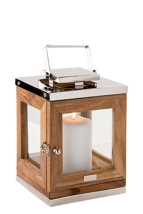 Fink Laterne Akazie TOLEDO Laterne aus Akazienholz mit Glasfenstern und Metallgriff, seitliche Perspektive