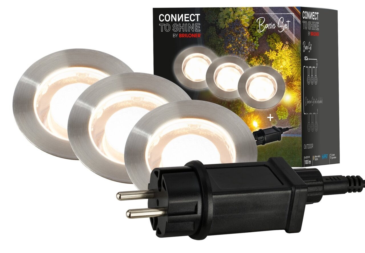 Starter Set aus Edelstahl mit drei runden LED-Leuchten und einem Stecker, perspektivisch von vorne gezeigt.