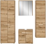 Badezimmermöbel-Set aus Holz in Frontansicht, bestehend aus einem hohen Schrank, einem Spiegelschrank und einem Unterschrank.