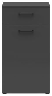 Schwarze Kommode mit zwei Schubladen, frontale Ansicht