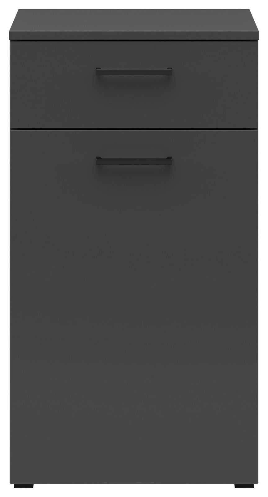 Schwarze Kommode mit zwei Schubladen, frontale Ansicht