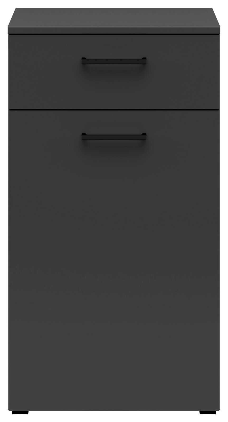 Schwarze Kommode mit zwei Schubladen, frontale Ansicht