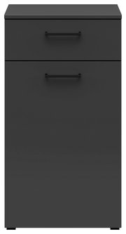 Schwarze Kommode mit zwei Schubladen, frontale Ansicht