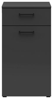 Schwarze Kommode mit zwei Schubladen, frontale Ansicht