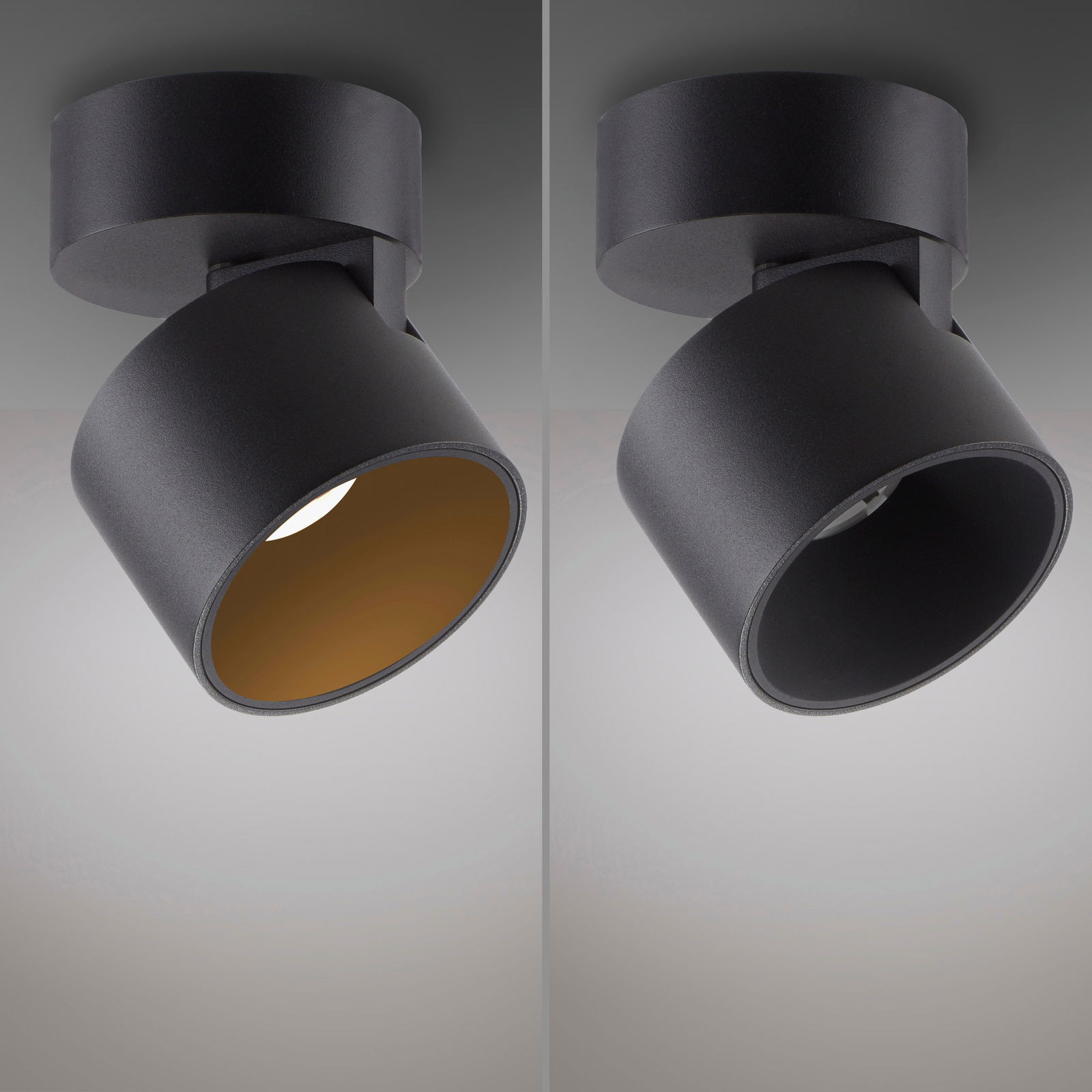 Zwei schwarze LED-Spots aus seitlicher Perspektive, einer mit eingeschaltetem Licht.