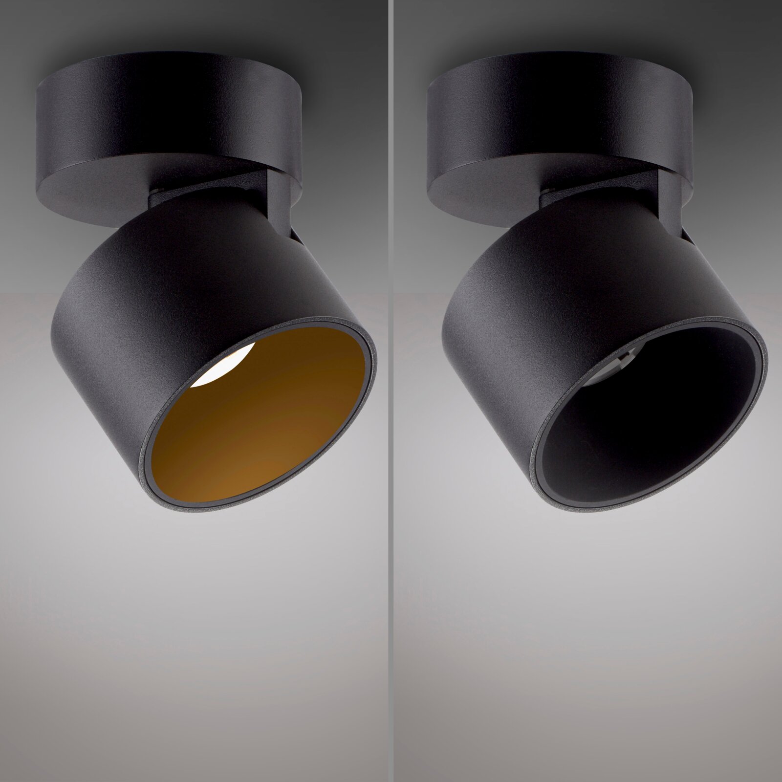 Zwei schwarze LED-Spots aus seitlicher Perspektive, einer mit eingeschaltetem Licht.