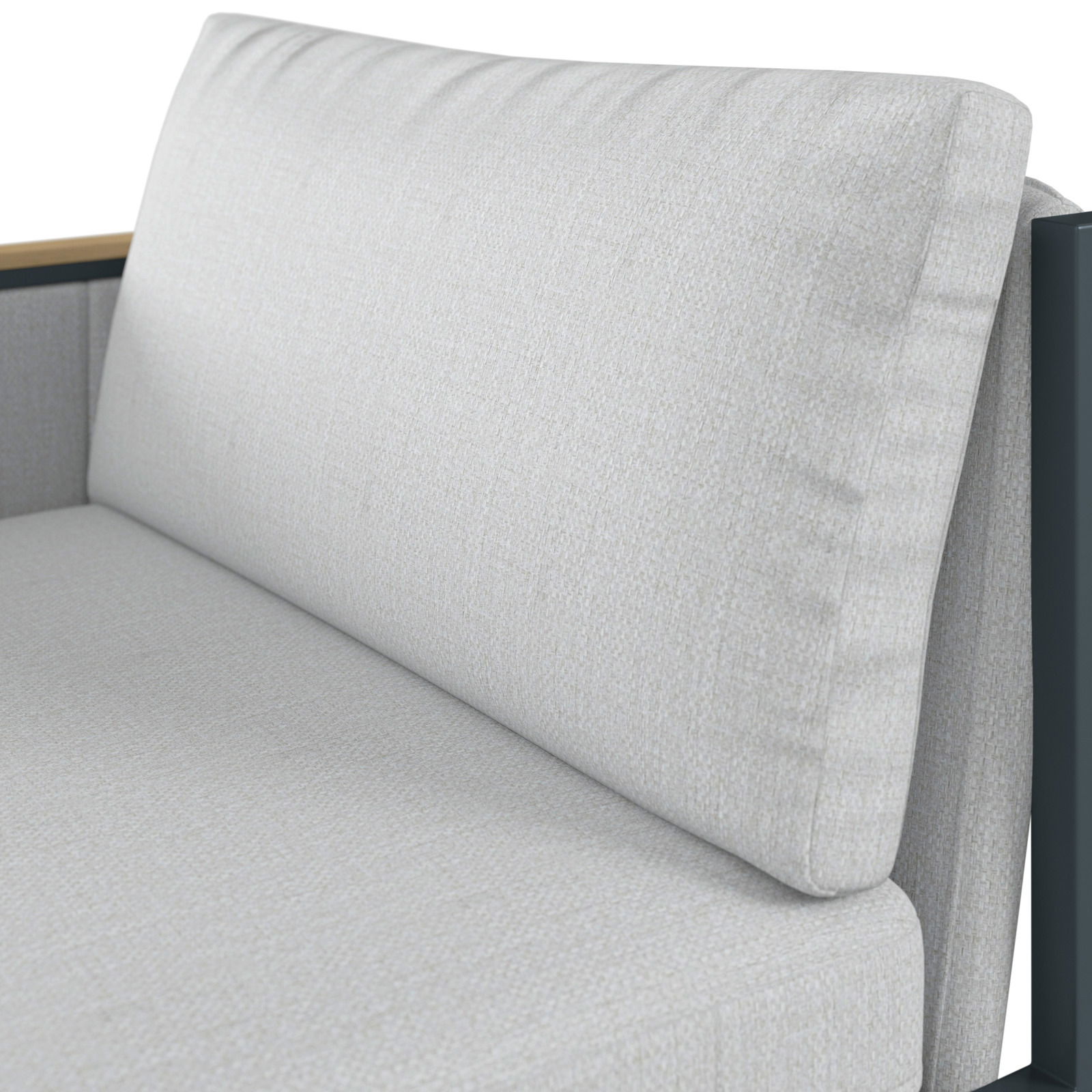 Nahaufnahme eines Lounge-Sofas mit linkem Armteil, hellgrauer Stoffbezug, seitliche Perspektive