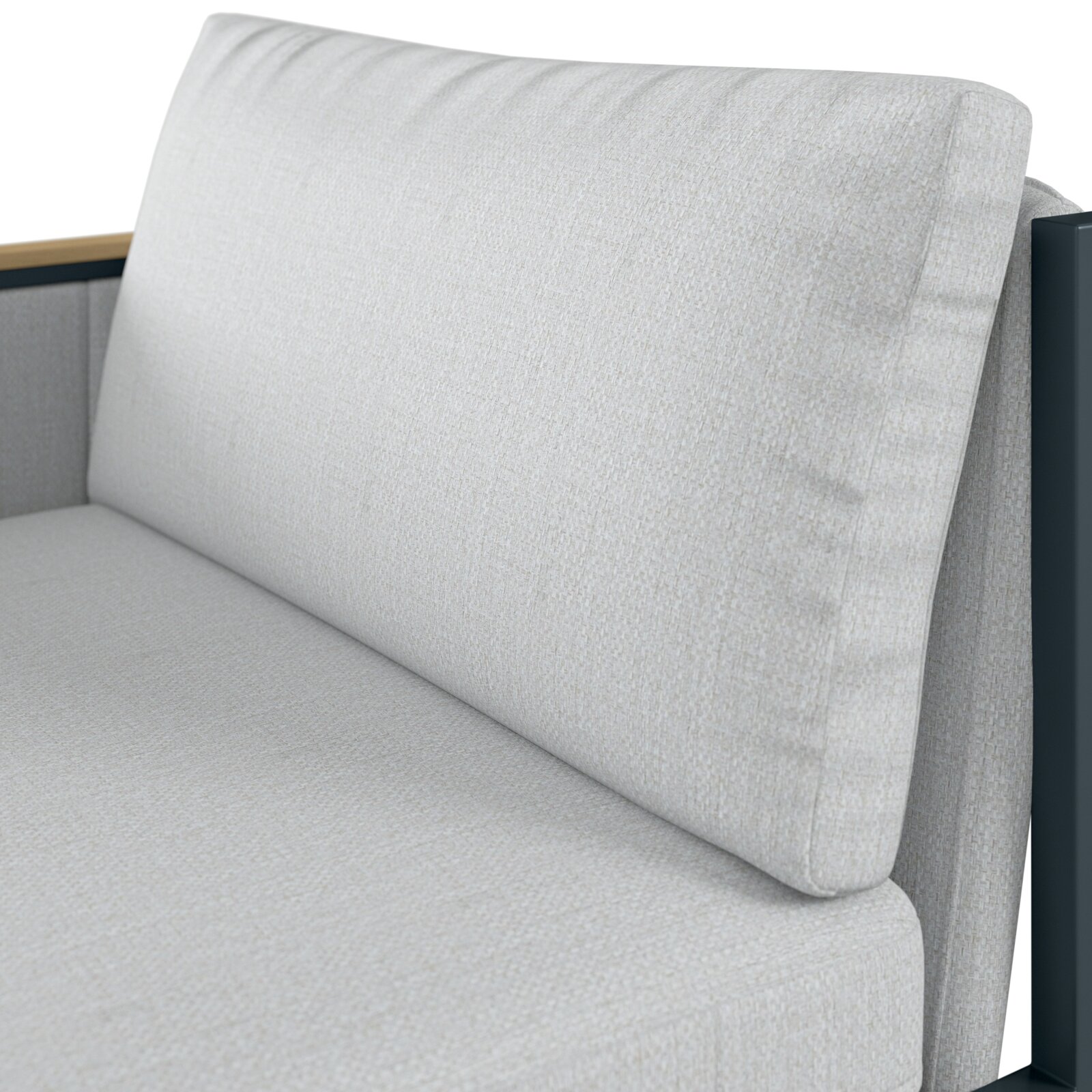 Close-up van een loungebank met een armleuning aan de linkerkant, lichtgrijze stoffen bekleding, zijaanzicht