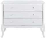 Weiße Kommode mit drei Schubladen und geschwungenen Beinen, Frontalansicht