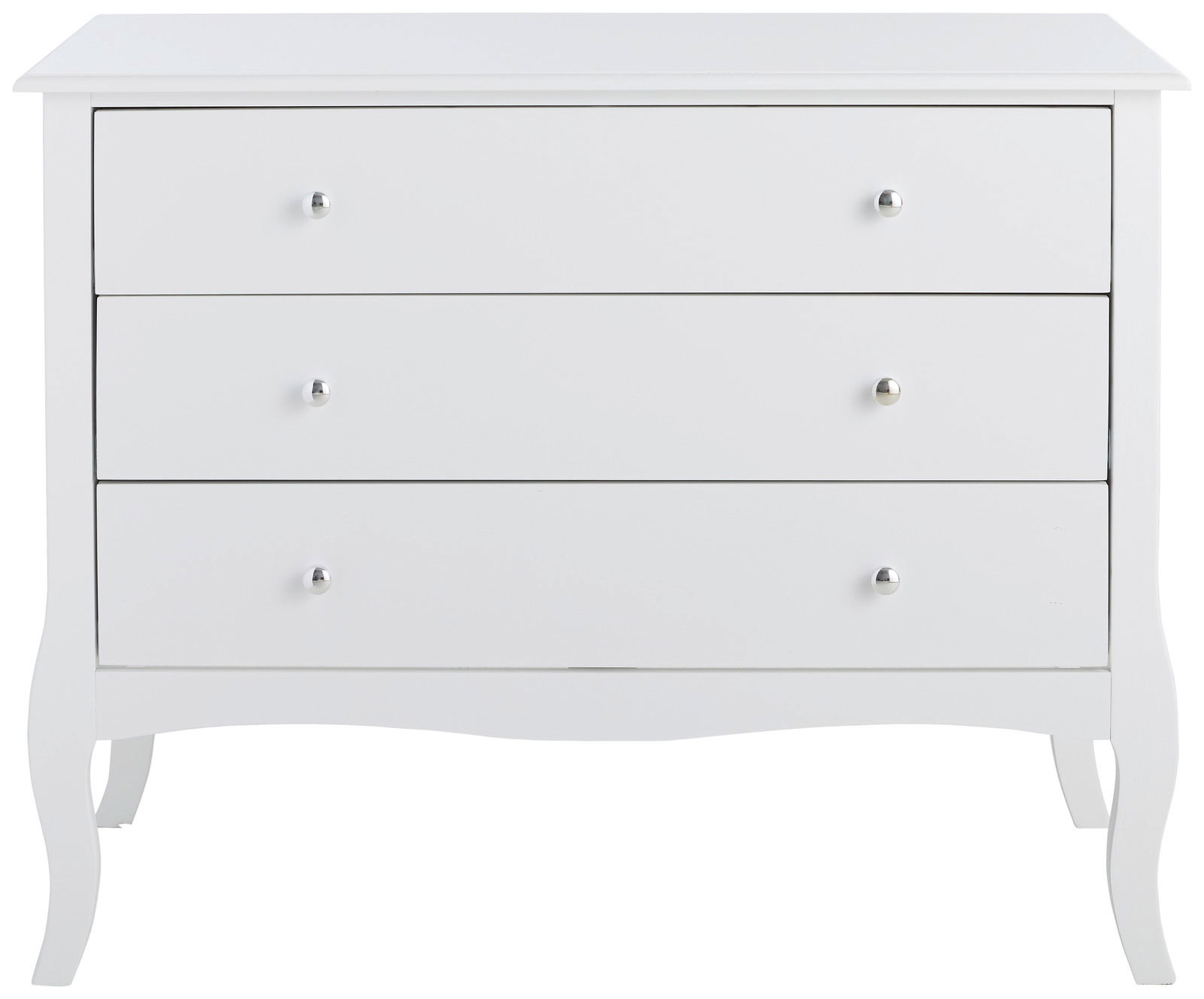 Weiße Kommode mit drei Schubladen und geschwungenen Beinen, Frontalansicht