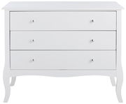 Weiße Kommode mit drei Schubladen und geschwungenen Beinen, Frontalansicht
