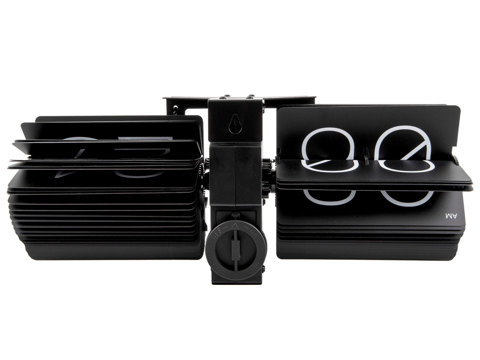 Retro Flip-Wanduhr ohne Gehäuse, frontal abgebildet, mit schwarzen Klappzahlen und weißer Beschriftung.