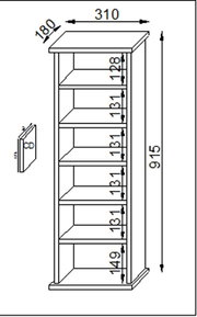 Technische Maßzeichnung eines schmalen CD-Regals mit mehreren Fächern, Frontansicht; Maße ca. 310 mm Breite, 180 mm Tiefe und 915 mm Höhe.