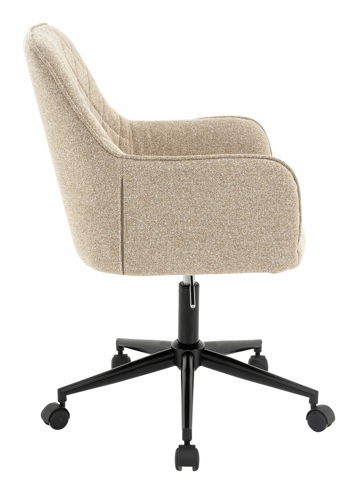 Seitenansicht eines beigen Drehstuhls mit schwarzem Fußgestell und Rollen.