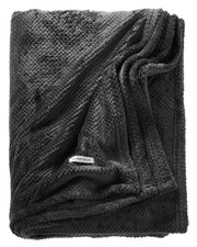 Dunkelgraues Plaid 140x190 cm, gefaltet, aus weichem Material mit sichtbarem Etikett, Draufsicht