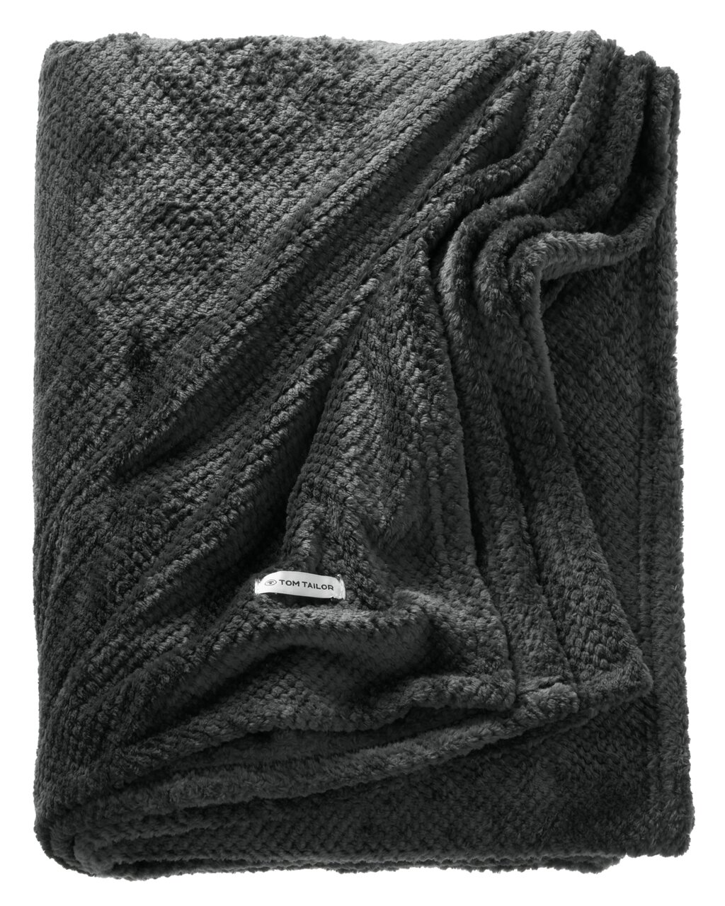 Dunkelgraues Plaid 140x190 cm, gefaltet, aus weichem Material mit sichtbarem Etikett, Draufsicht