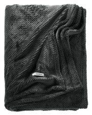 Dunkelgraues Plaid 140x190 cm, gefaltet, aus weichem Material mit sichtbarem Etikett, Draufsicht