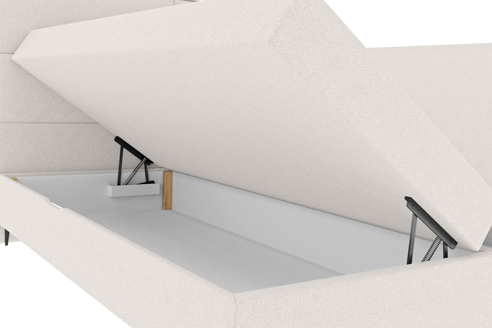 Boxspringbett mit geöffnetem Stauraum, seitliche Perspektive