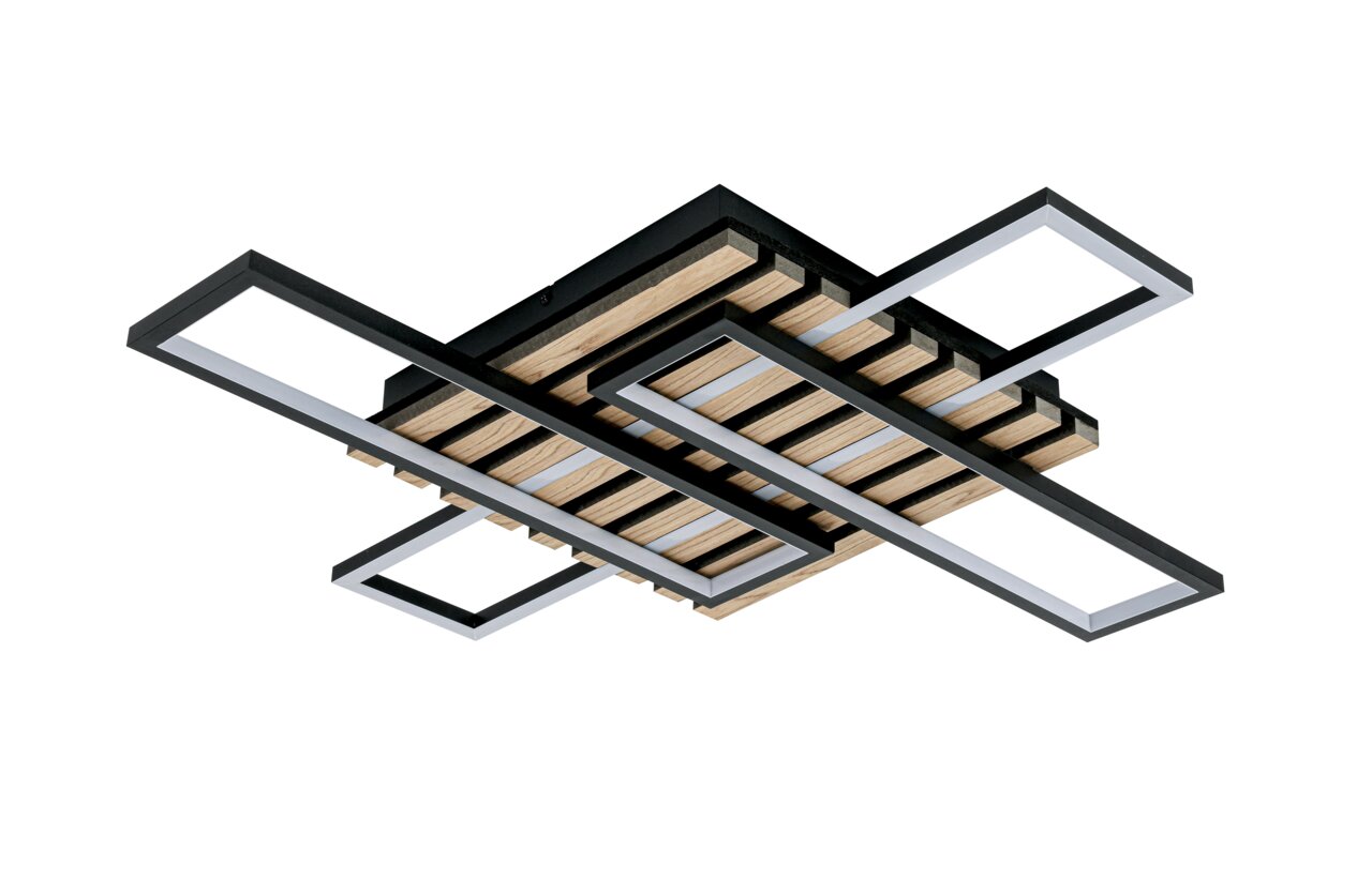 Moderne LED-Deckenleuchte mit geometrischem Design aus Holz und Metall, seitliche Perspektive