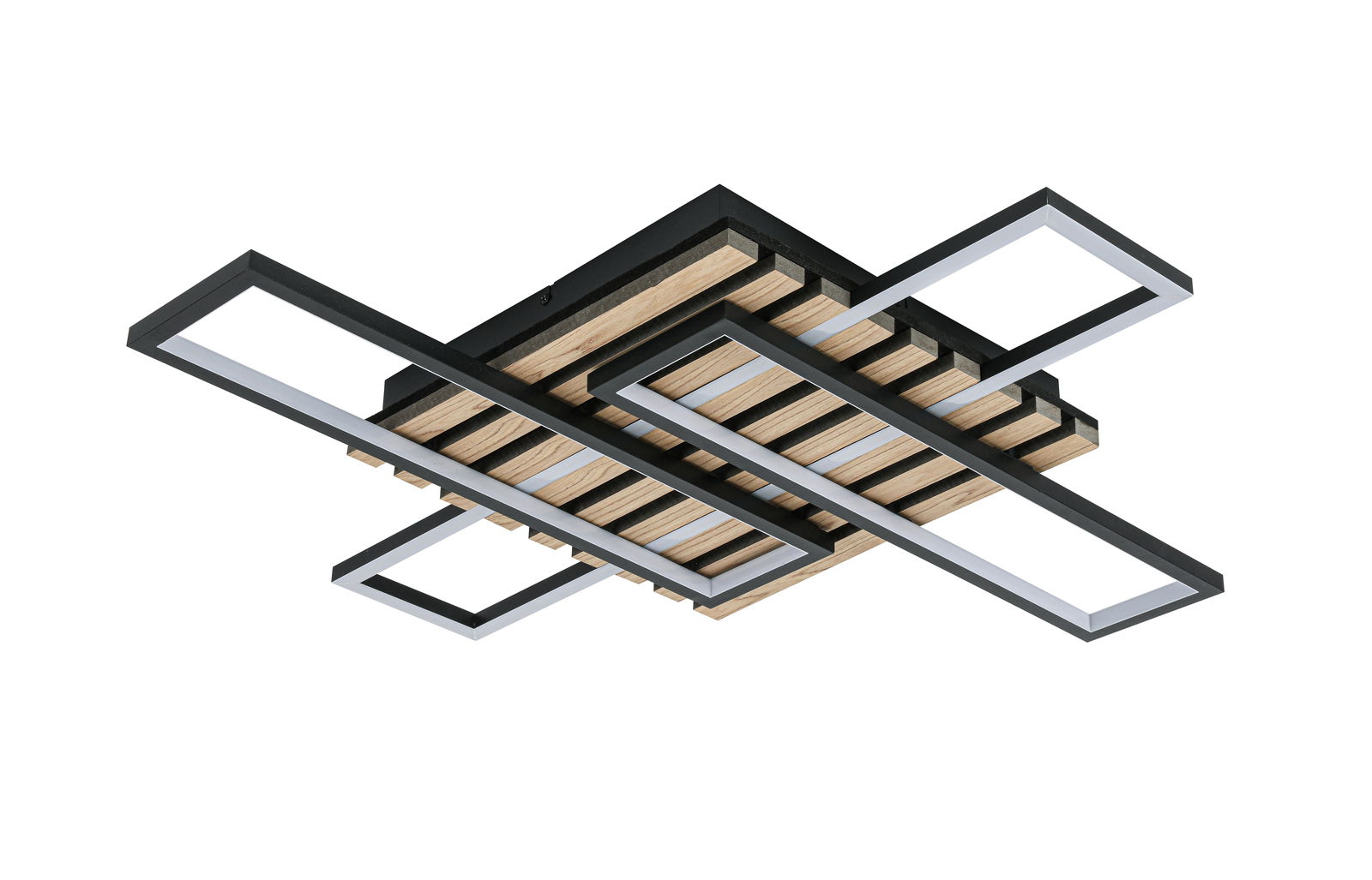 Moderne LED-Deckenleuchte mit geometrischem Design aus Holz und Metall, seitliche Perspektive