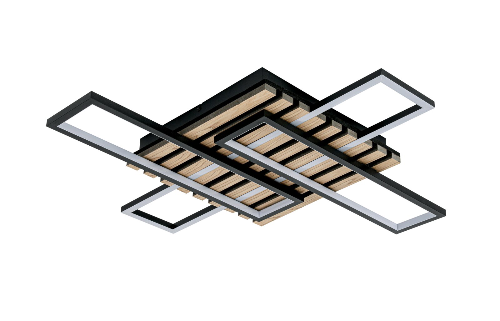 Moderne LED-Deckenleuchte mit geometrischem Design aus Holz und Metall, seitliche Perspektive