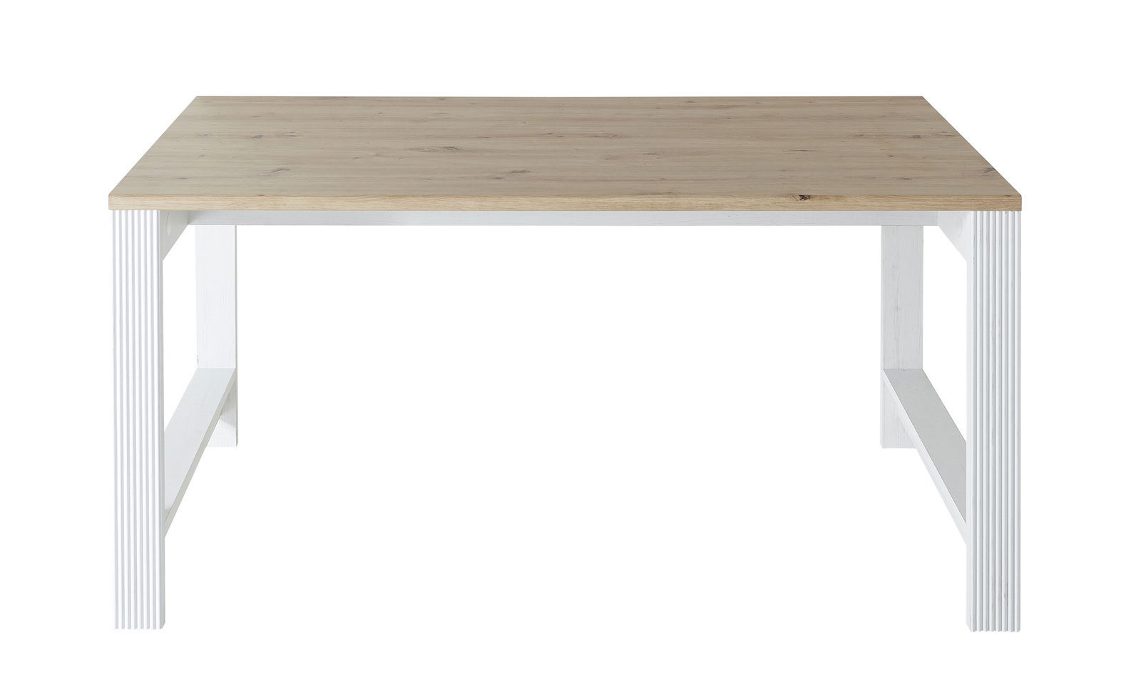 Frontale Ansicht eines Schreibtisches der Serie JUDITH mit weißem Gestell und Holzplatte.