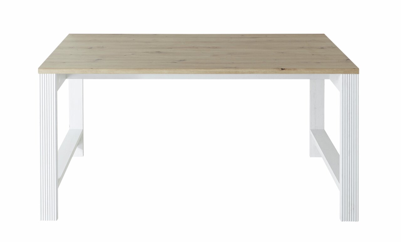 Frontale Ansicht eines Schreibtisches der Serie JUDITH mit weißem Gestell und Holzplatte.