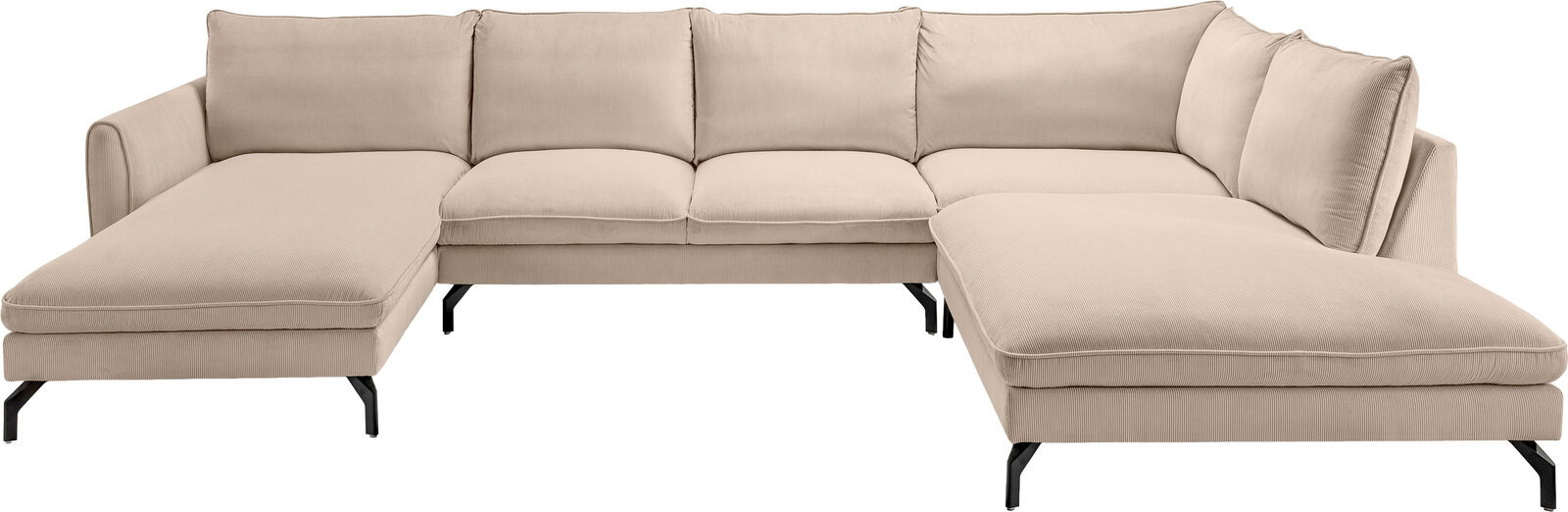 Beiges U-förmiges Ecksofa mit Cordbezug, breiten Armlehnen, drei Sitzkissen und schwarzen Metallfüßen, freigestellt auf weißem Hintergrund, Frontansicht leicht von oben