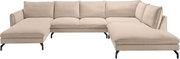 Beiges U-förmiges Ecksofa mit Cordbezug, breiten Armlehnen, drei Sitzkissen und schwarzen Metallfüßen, freigestellt auf weißem Hintergrund, Frontansicht leicht von oben