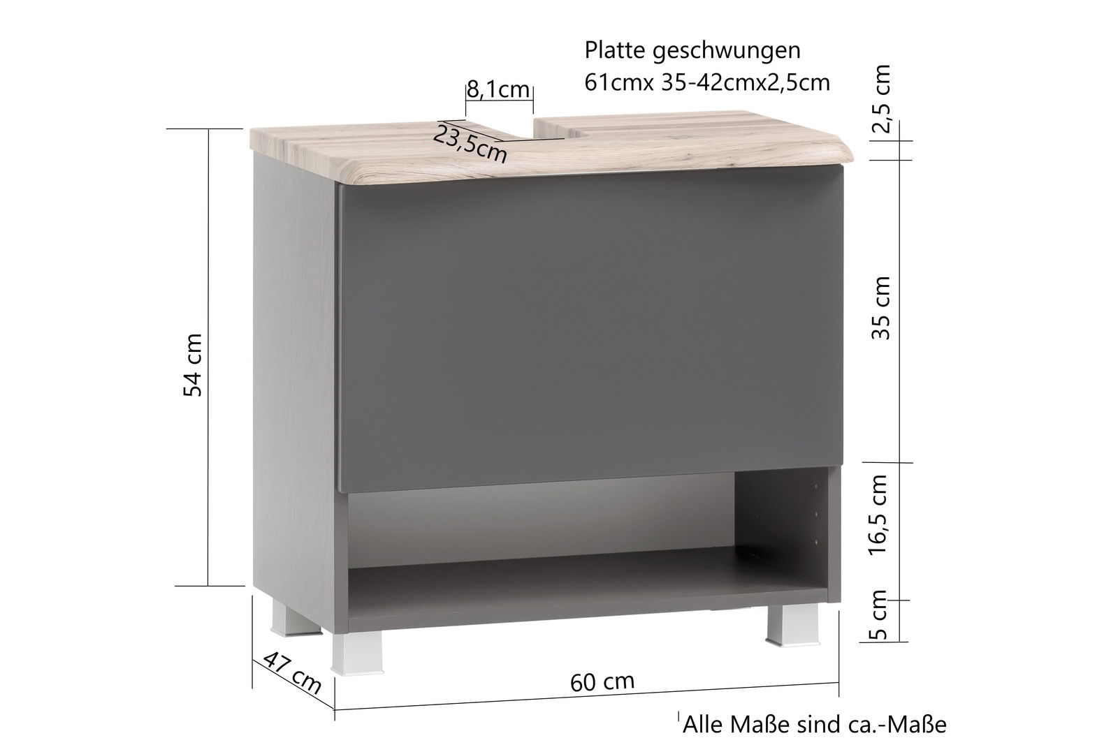 Waschbeckenunterschrank in grauer Farbe mit geschwungener Holzplatte, Frontansicht