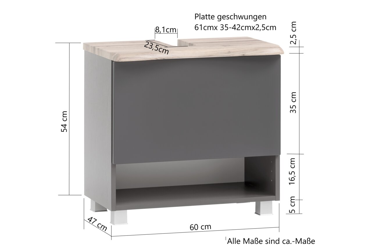 Waschbeckenunterschrank in grauer Farbe mit geschwungener Holzplatte, Frontansicht