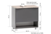 Waschbeckenunterschrank in grauer Farbe mit geschwungener Holzplatte, Frontansicht