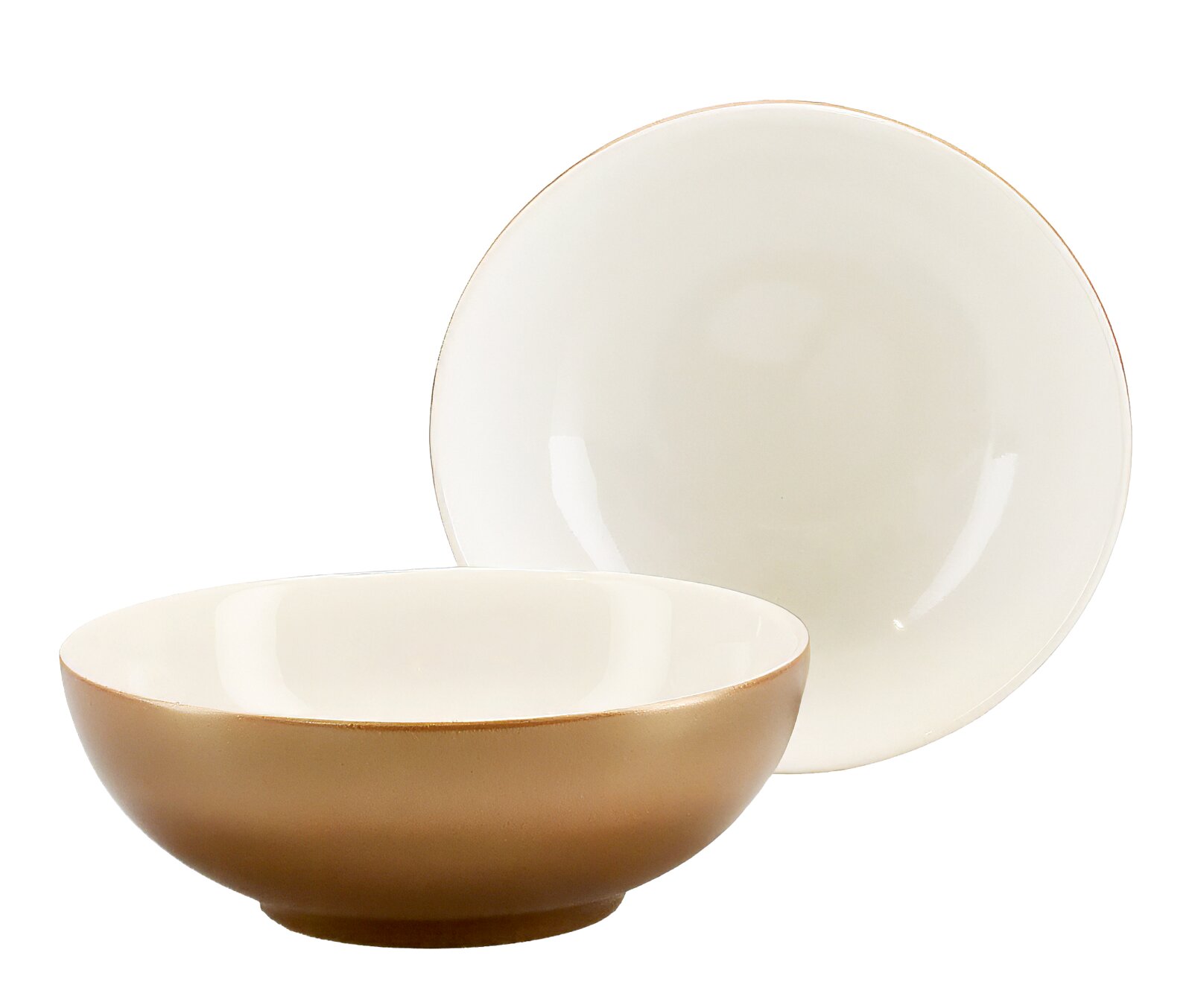 Creatable Müslischalen 2-tlg GOLDEN DAYS Beige-weißes Keramikgeschirr-Set mit Schale im Vordergrund und flachem Teller dahinter, Ansicht leicht von vorne auf weißem Hintergrund
