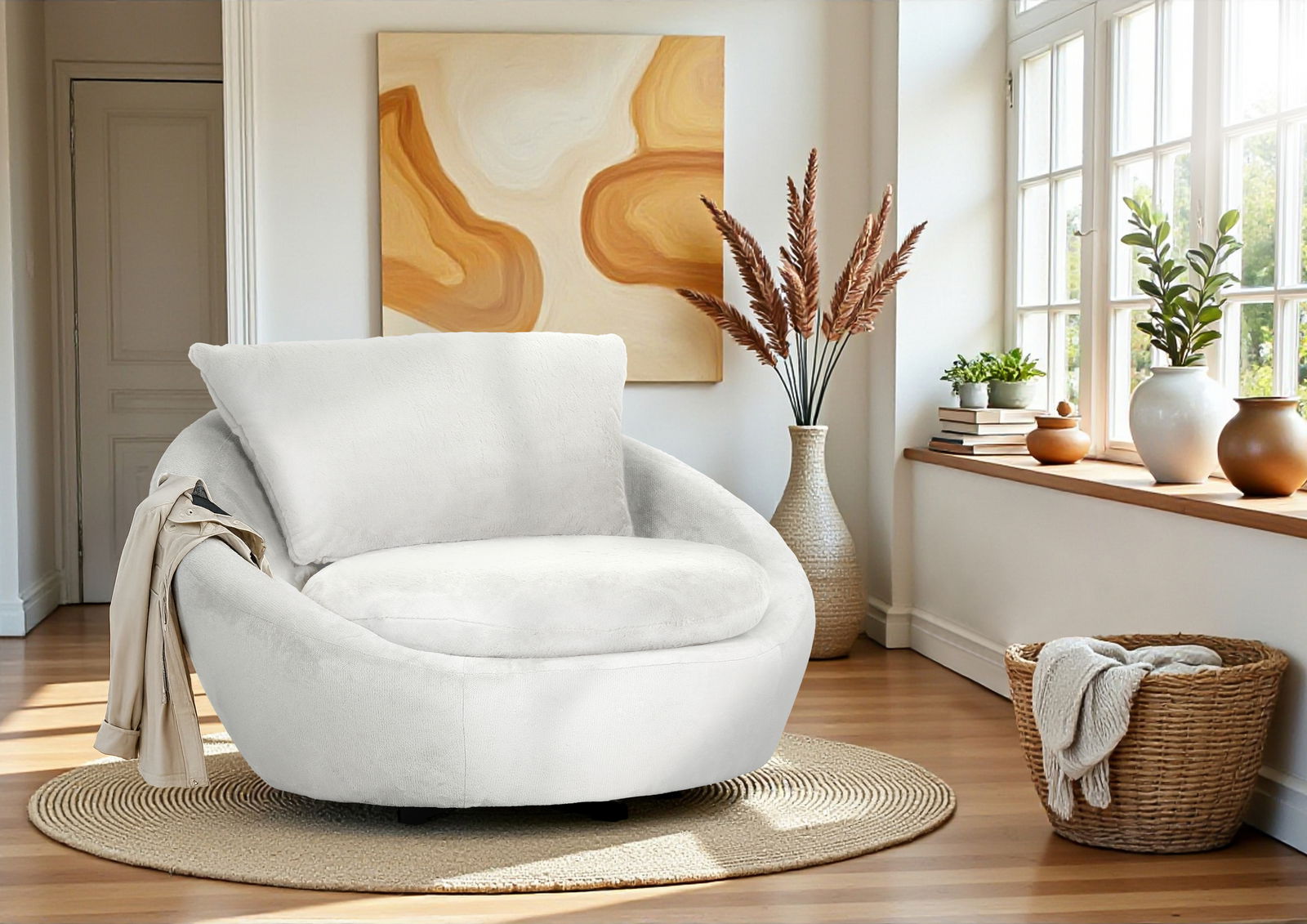 Moderner weißer Drehsessel in einem gemütlichen Wohnzimmer, seitliche Perspektive