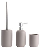 Dreiteiliges Badset in modernem Design, bestehend aus einer Toilettenbürste, einem Seifenspender und einem Zahnputzbecher, frontal abgebildet.