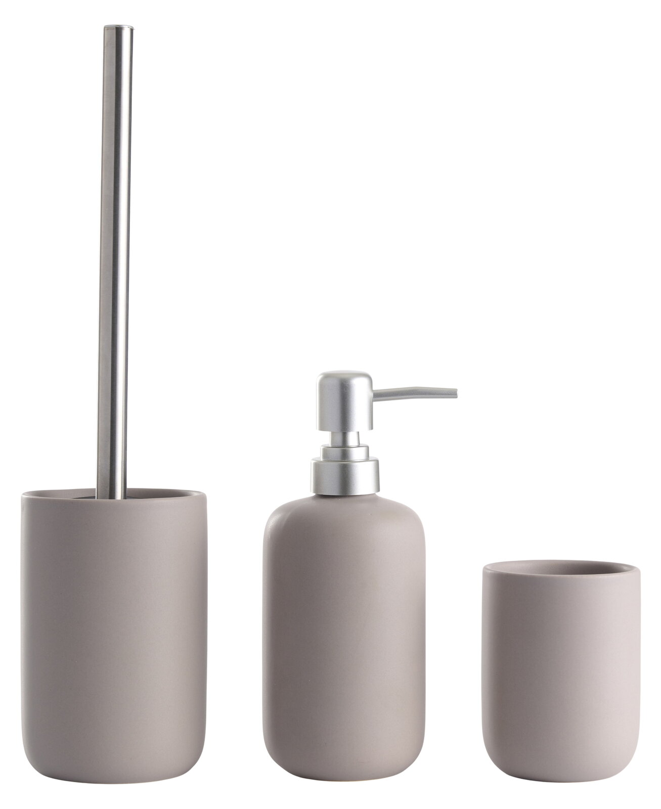 Dreiteiliges Badset in modernem Design, bestehend aus einer Toilettenbürste, einem Seifenspender und einem Zahnputzbecher, frontal abgebildet.