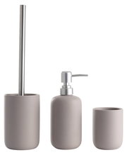 Dreiteiliges Badset in modernem Design, bestehend aus einer Toilettenbürste, einem Seifenspender und einem Zahnputzbecher, frontal abgebildet.