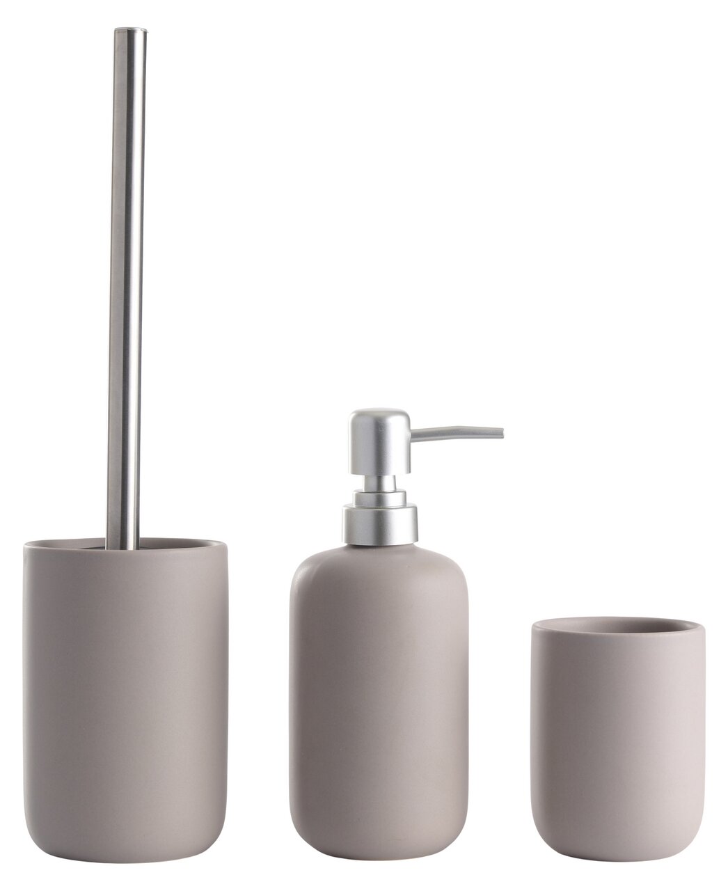 Day Badset, 3-delig Dreiteiliges Badset in modernem Design, bestehend aus einer Toilettenbürste, einem Seifenspender und einem Zahnputzbecher, frontal abgebildet.