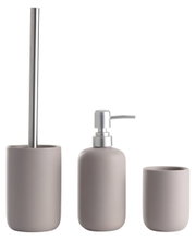 Dreiteiliges Badset in modernem Design, bestehend aus einer Toilettenbürste, einem Seifenspender und einem Zahnputzbecher, frontal abgebildet.