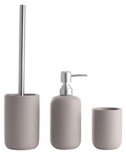 Dreiteiliges Badset in modernem Design, bestehend aus einer Toilettenbürste, einem Seifenspender und einem Zahnputzbecher, frontal abgebildet.