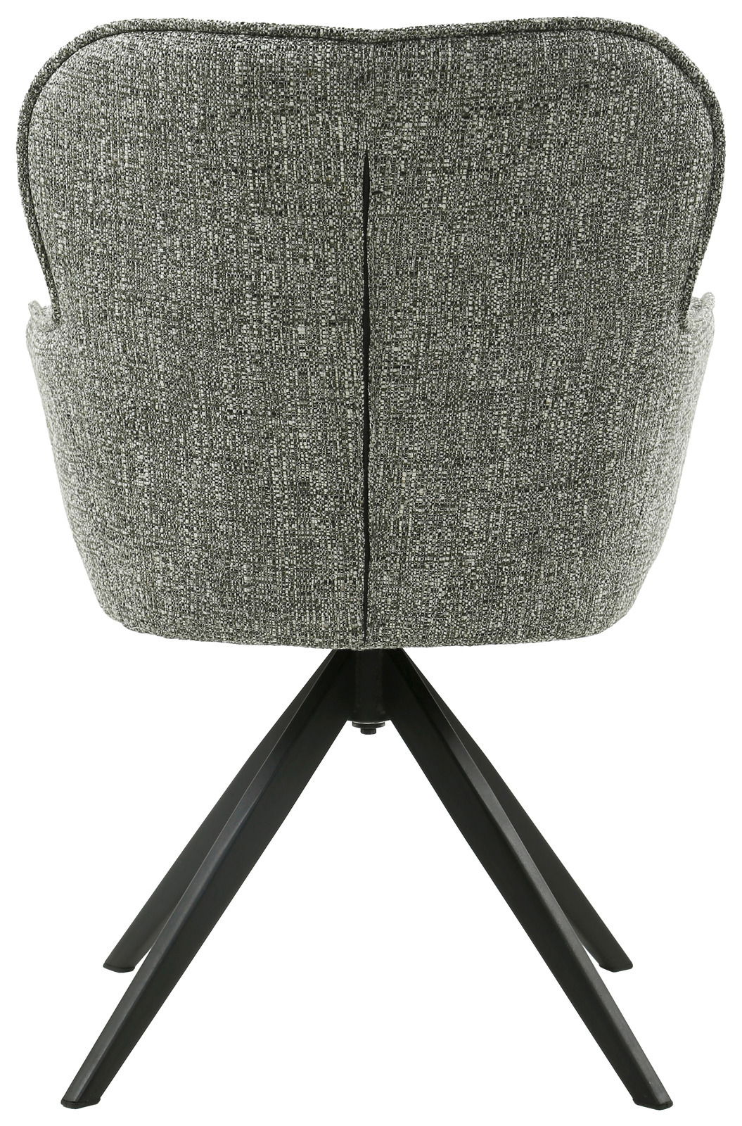 Rückansicht eines Armlehnstuhls mit grauem Stoffbezug und schwarzen Metallbeinen