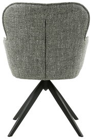 Rückansicht eines Armlehnstuhls mit grauem Stoffbezug und schwarzen Metallbeinen