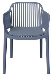 Blauer Stapelsessel mit Armlehnen und gepolstertem Sitzkissen, Frontalansicht